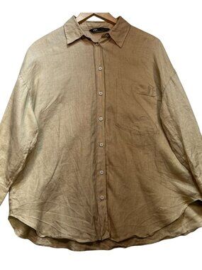 Zara Women's Linen Oversized Relaxed Button Down Shirt Long Sleeve Size S Beige